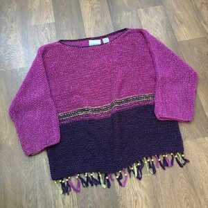 Vtg 1990's Rare Michael Simon Purple Multicolored Tassled Knit Pullover Sweater